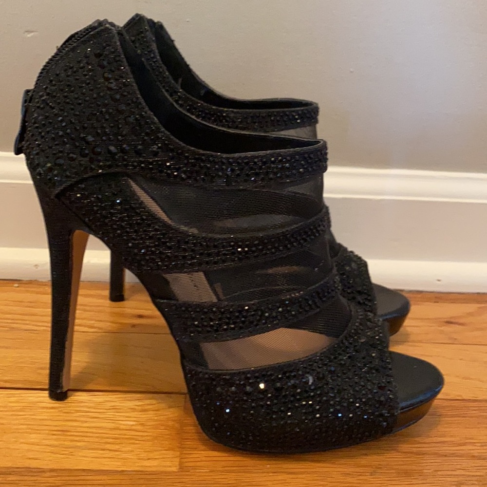 Black jeweled peep toe stilettos
